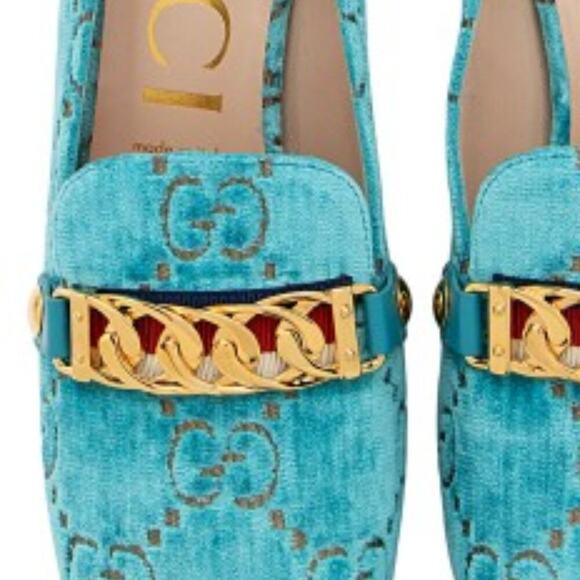 NEW! GUCCI Shoes Velvet Gg Sylvie Chain Detail Mid-Heel Square loafers 9… - Picture 2 of 16